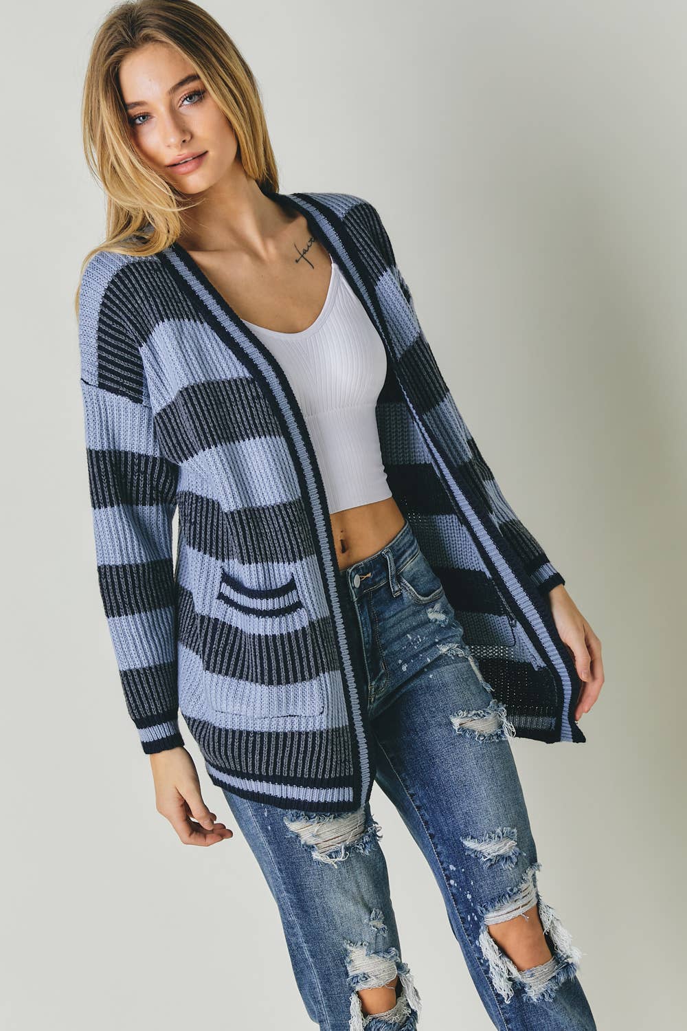 Navy STRIPE LONG SLEEVE CARDIGAN WITH POCKETS for wholesale on Faire5