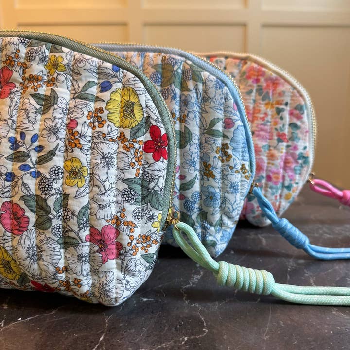 Vintage-Inspired Quilted Floral Cosmetic Case – Curved Makeup Pouch in Soft Pastel Garden Prints for wholesale by Ellison+Young