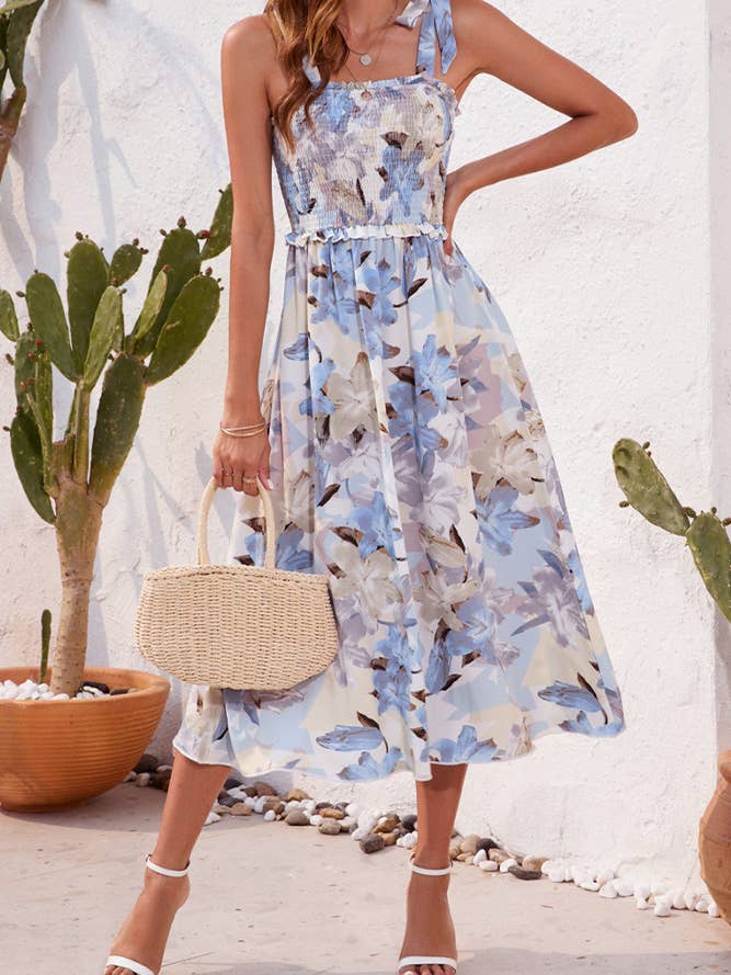 UNISHE - Wholesale Dress - Women's - Spaghetti Floral SLeeveless Smocked Dress AYY0253