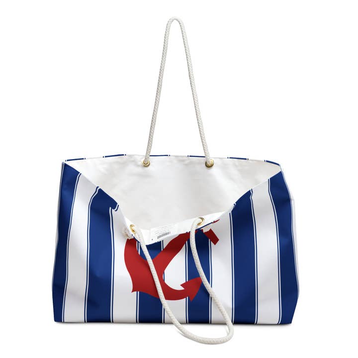 Lyn Roma - Wholesale Beach Bag - Red Anchor Cabana Stripe Beach tote bag. Rope Weekender2