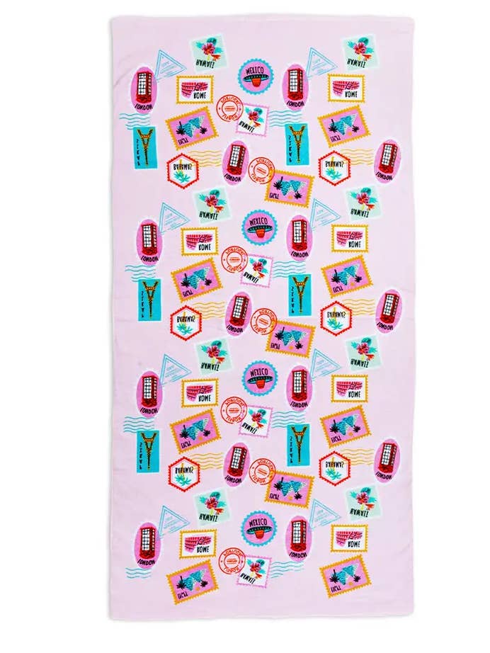Pool / Beach Towel - International Passport Stamps - Pink for wholesale by Living Royal