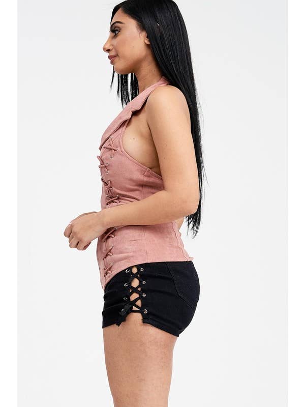 Lydia USA - Wholesale Blouse - Women's - Lace Up Collar Halter Suede Top6