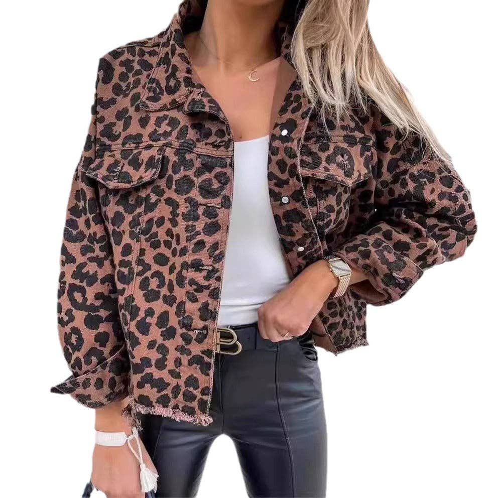 Women's Oversized Long Sleeve Leopard Denim Jacket for wholesale on Faire6