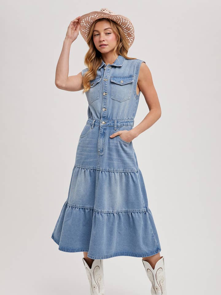 DENIM SLEEVELESS SHIRT TIERED MIDI DRESS for wholesale by Bluivy