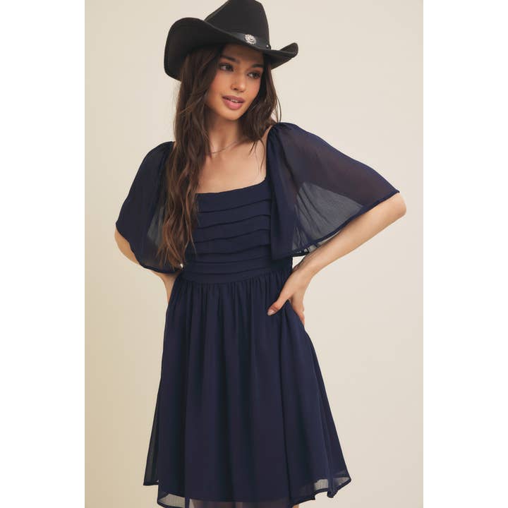 in february - Wholesale Dress - Women's - RUCHED BODICE FLUTTER SLEEVE YORYU CHIFFON DRESS