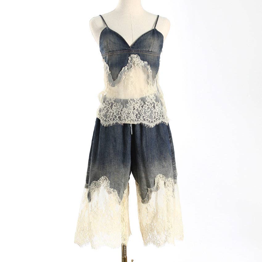 Sanyao Fashion - Wholesale Top & Short Set (NOT Loungewear) - Women's - M37 Lace-Stitched Denim Two-Piece with Suspender Shorts11
