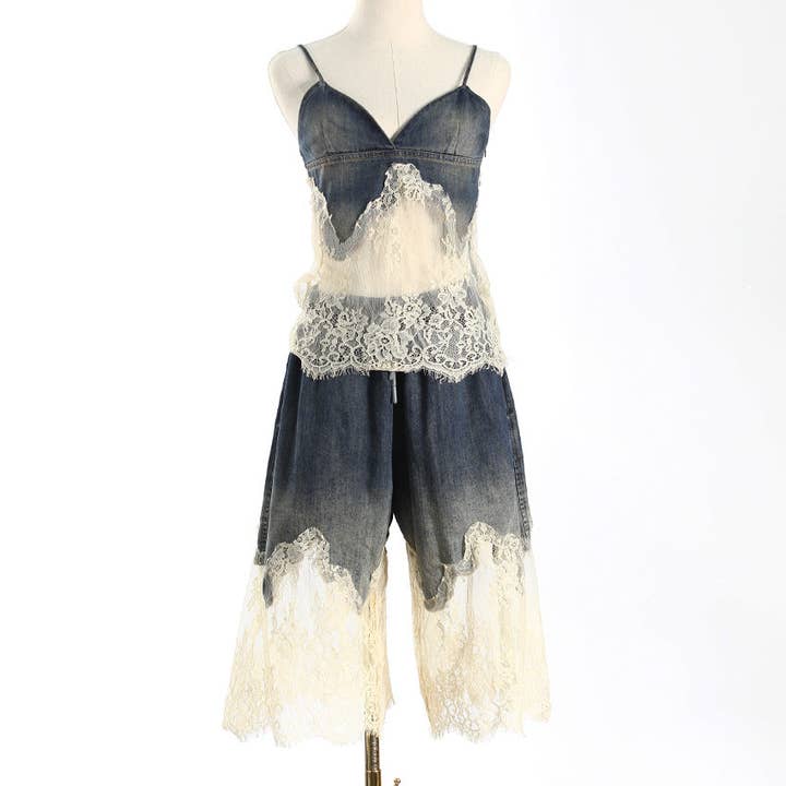 Sanyao Fashion - Wholesale Top & Short Set (NOT Loungewear) - Women's - M37 Lace-Stitched Denim Two-Piece with Suspender Shorts11