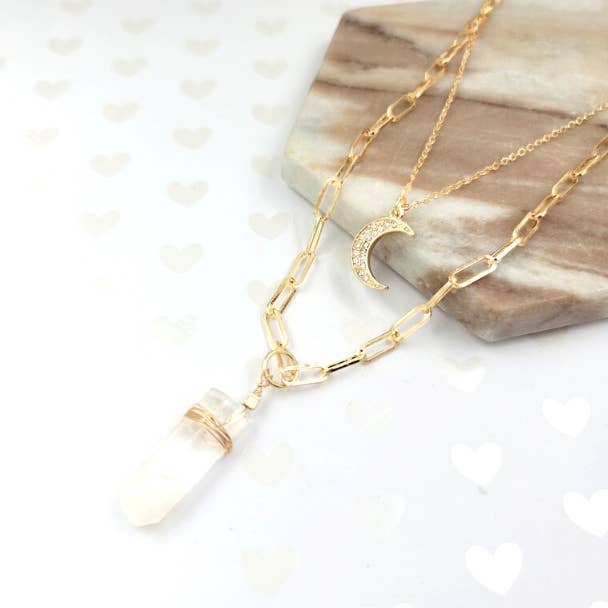Crystal Quartz Pendant Crescent Moon Layering Necklace for wholesale by StarryNYC