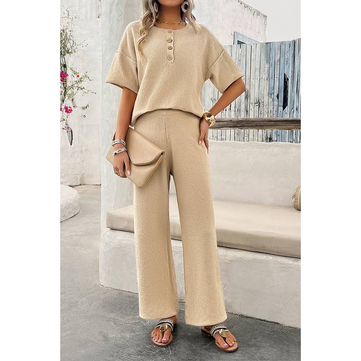 Supreme Fashion - Wholesale Loungeset - Dames - Tweedelige Outfits Gebreide Ronde Hals Knoop Set