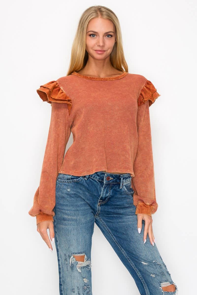 J.Her - Wholesale Blouse - Women's - Mineral Wash Ruffle shoulder top HT50457