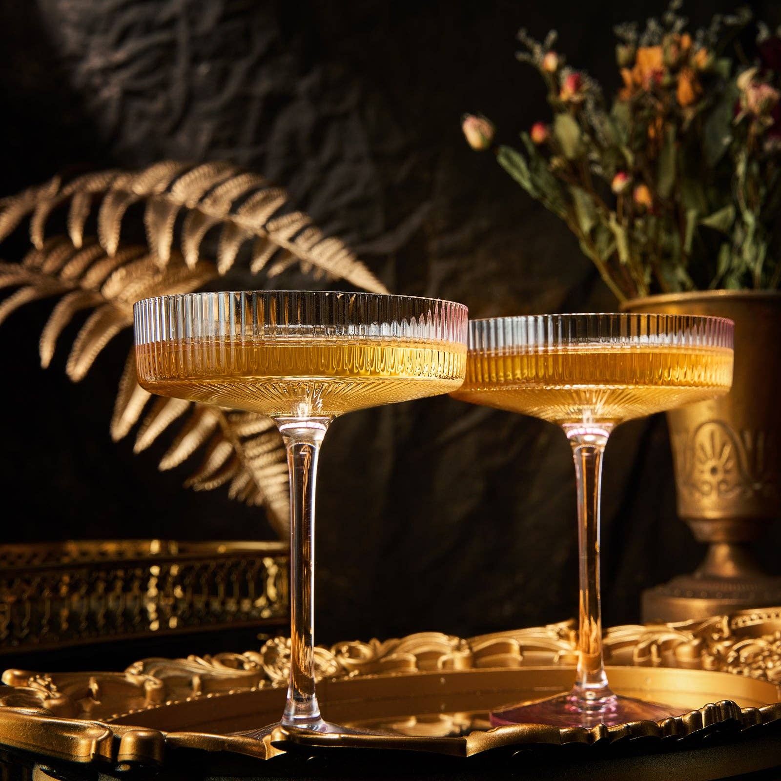 The Wine Savant /  Khen Glassware - Wholesale Cocktail/Liquor Glass - Pink Ripple Cocktail & Champagne Coupe Glasses - Set of 22