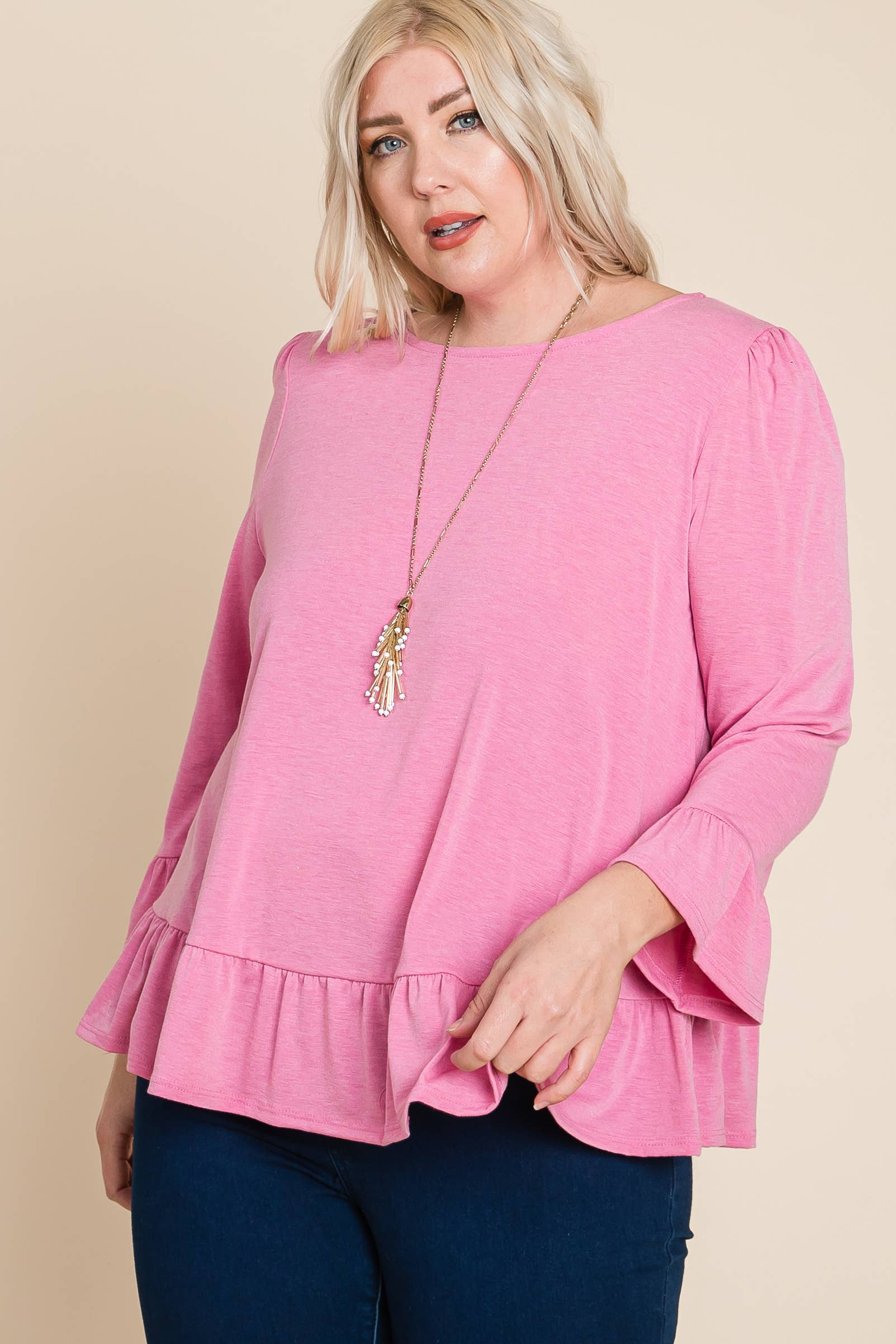 Emerald Collection - Wholesale Blouse - Women's - ETK-8690-PL Plus Size Babydoll Ruffle Hem Solid Top22