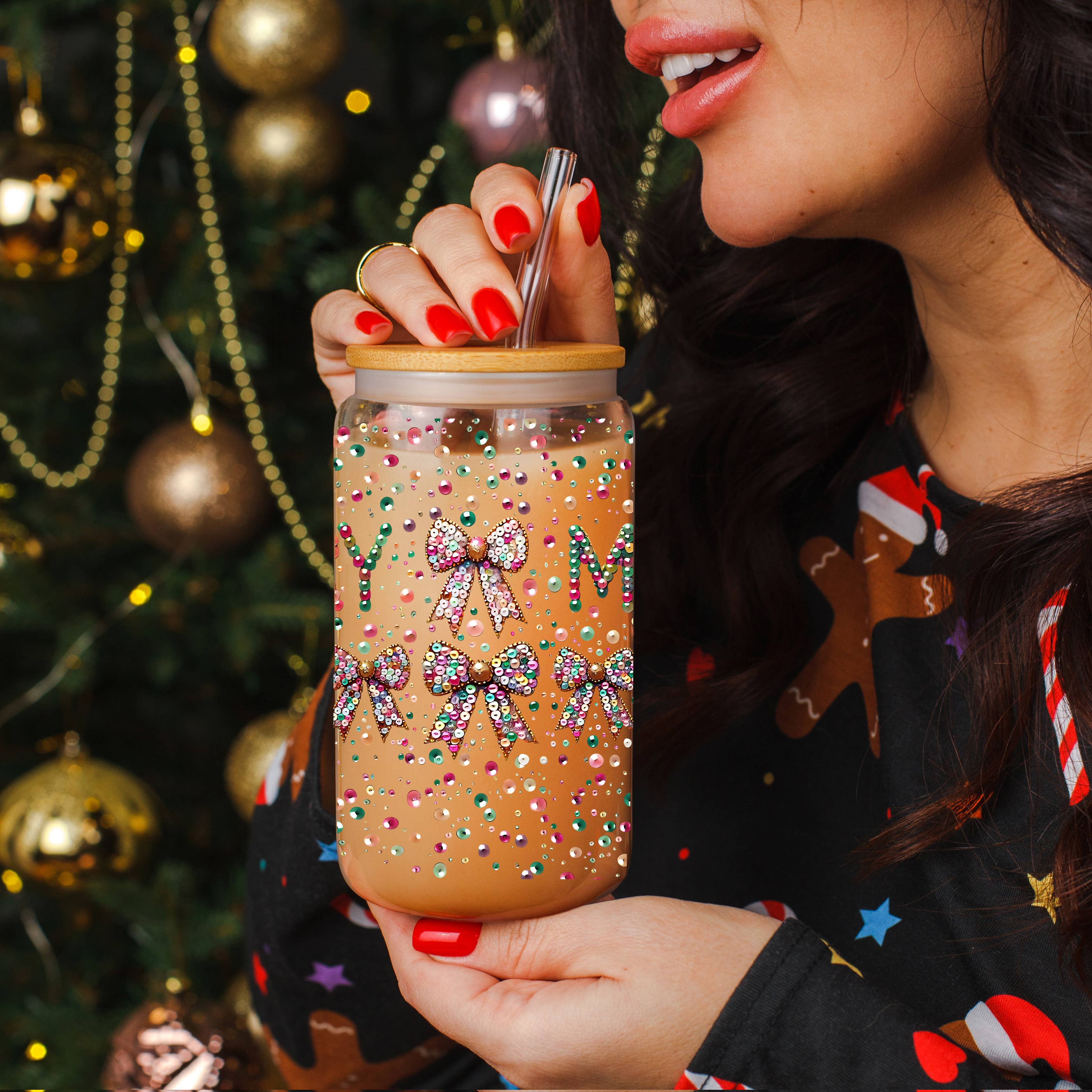 Gia Roma – wholesale Coffee mug – Sparkly Sequin Christmas Bow Decor Gift, Colorful Glass Cups21