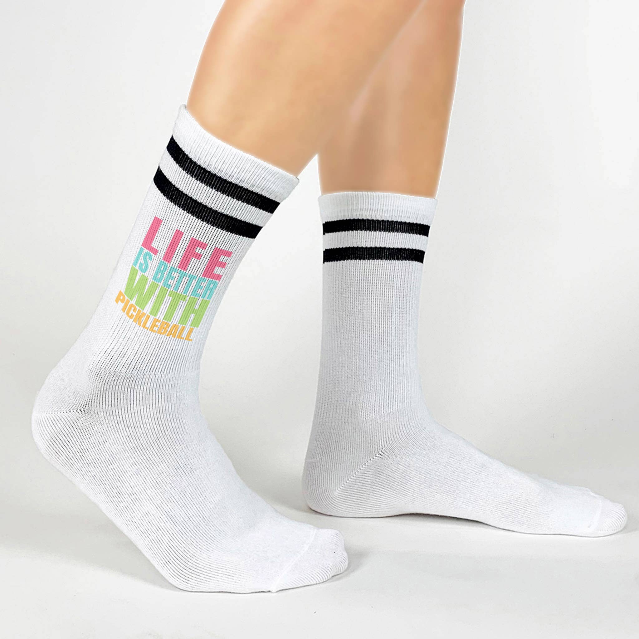 White Black Pickleball Striped Socks - Life is Better with Pickleball for wholesale on Faire2