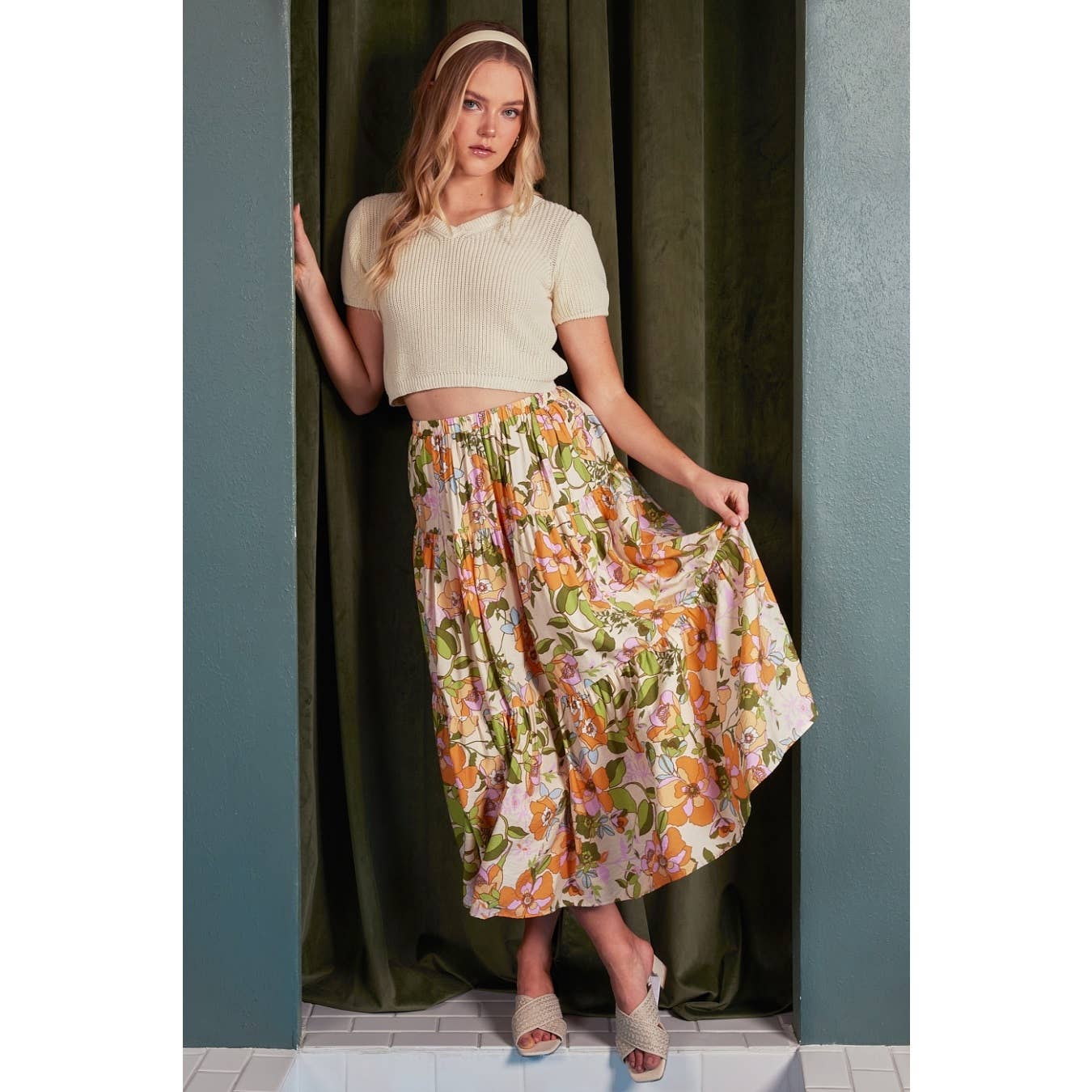 mittoshop - Wholesale Skirt - Women's - FLOWER PRINT ELASTIC WAIST TIERED MAXI SKIRT5