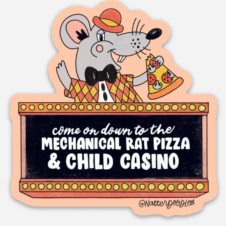 NatterDoodle - Wholesale Sticker - Mechanical Rat Pizza & Child Casino (geïnspireerd op Chuck E Cheese)