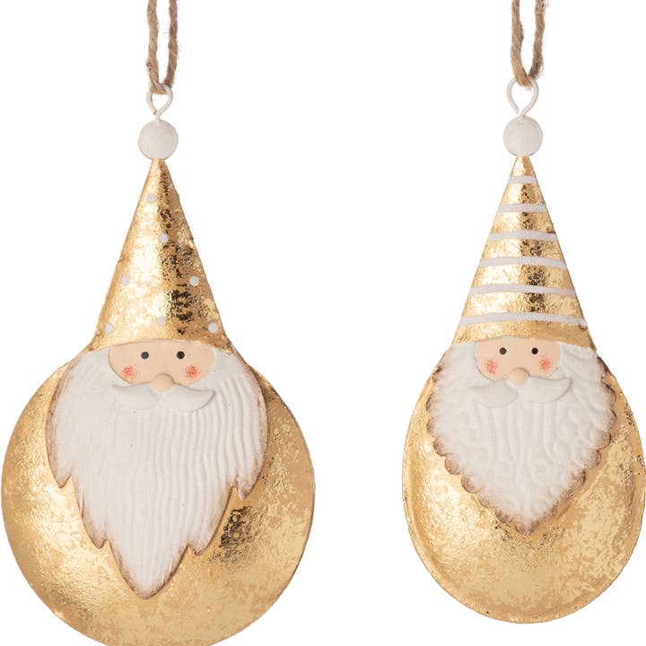 A41791: 2 Asst Santa balls,hat,gld paint metal,5.25+5in for wholesale by Silver Tree Home & Holiday