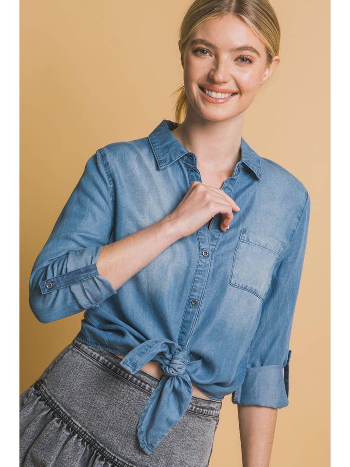 Peace Love Line - Wholesale Shirt - Women's - PL5683 - TIE FRONT TENCEL BUTTON UP SHIRT