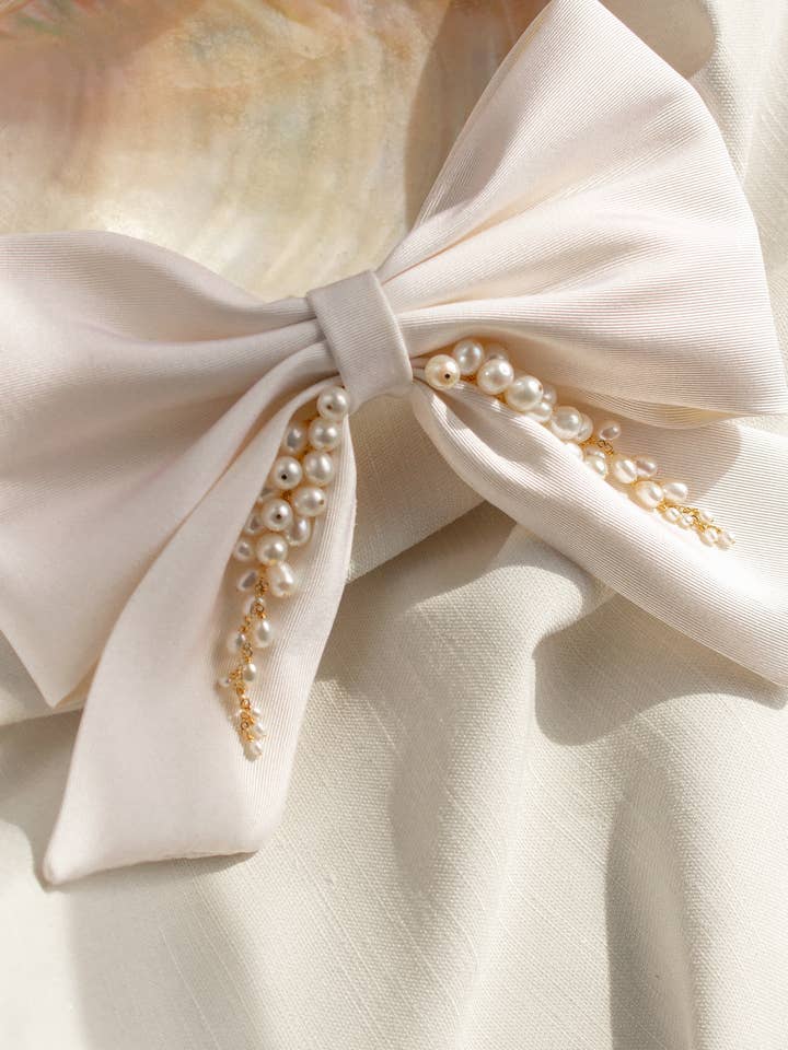 Calliope Pearl and Silk Bow Hair Barrette for wholesale by Christine Elizabeth Jewelry