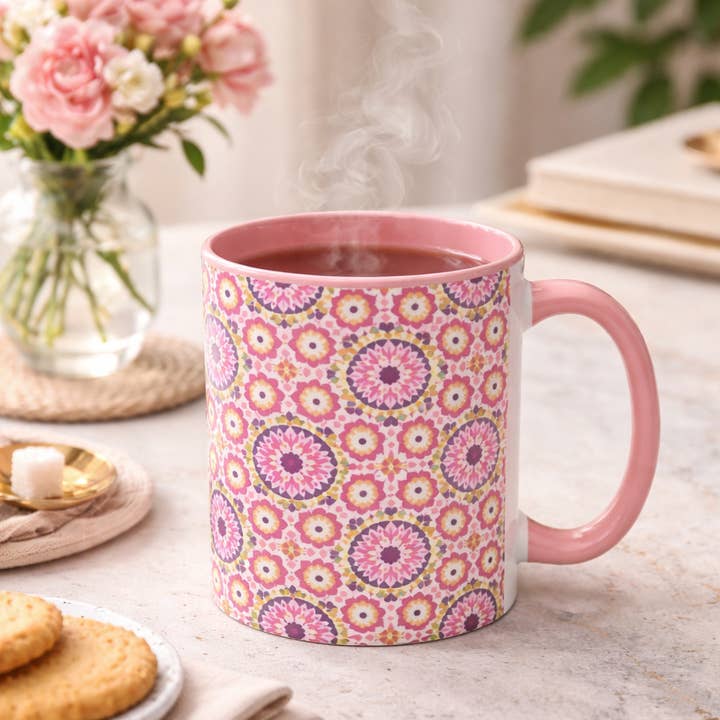 Boho Mandala Mug, Ceramic Coffee Cup with Pink for wholesale by Upside Down Owl Farm