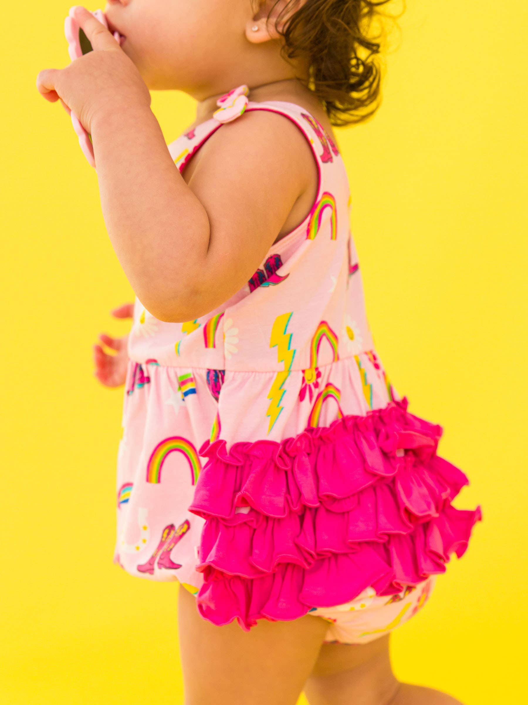 Pink Baby Girls Cowgirl Cutie Knit Tie Shoulder Bubble Romper for wholesale on Faire4