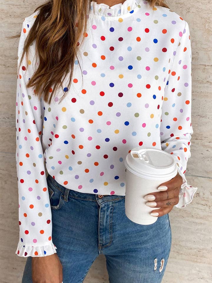 Polka Dot Print Frill Detail High Neck Top In White for wholesale on Faire1