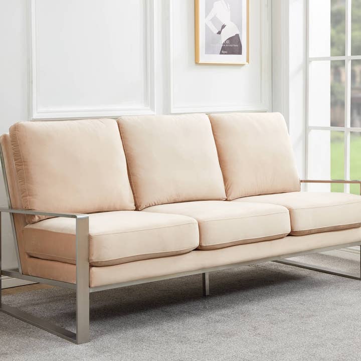 Jefferson 3-Seater Velvet/Leather Sofa in Gold/Silver Base for wholesale by LeisureMod