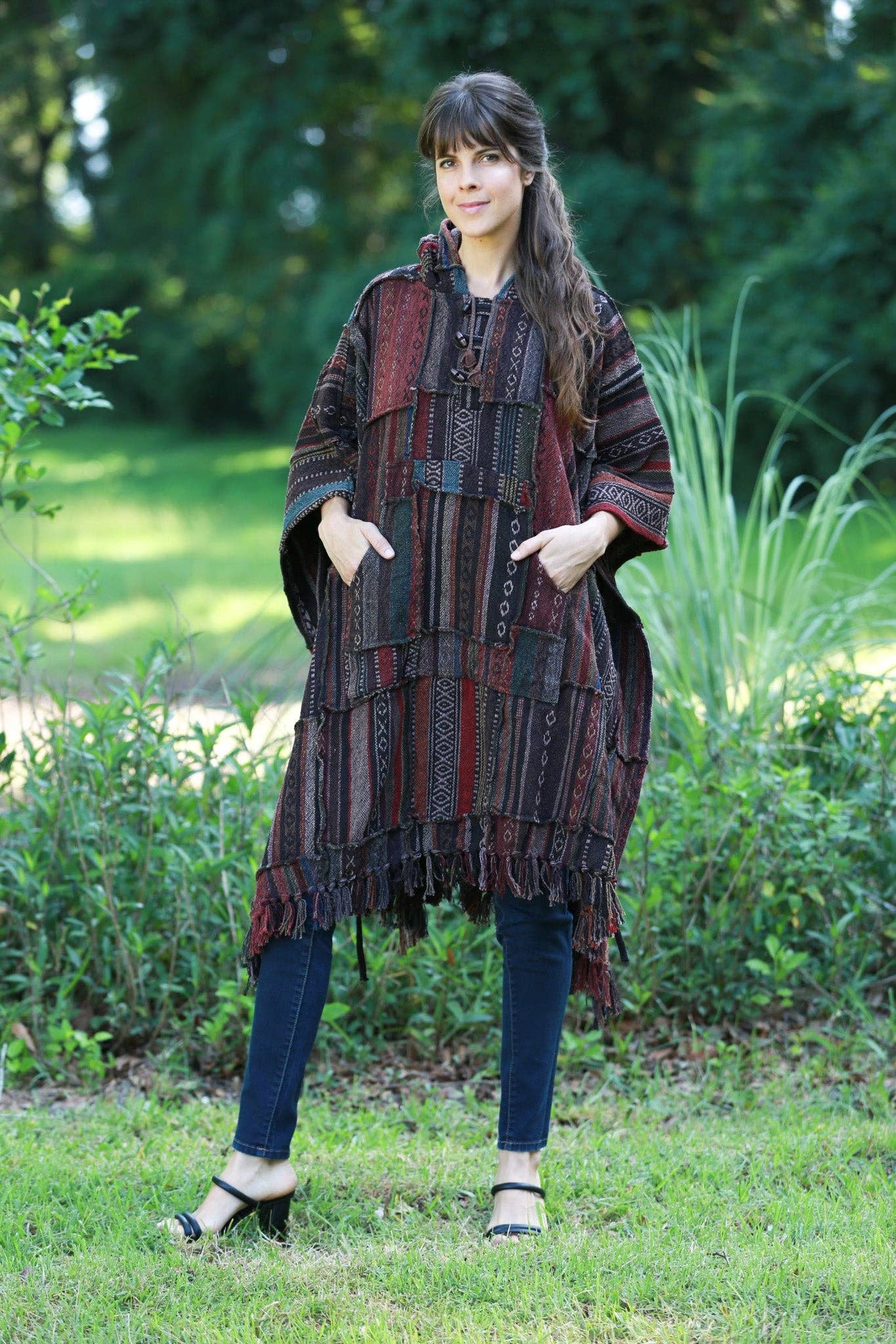 Sacred Threads - Wholesale Poncho - Women's - Cocoa Baja Hippie Poncho: Hooded with Tassels1