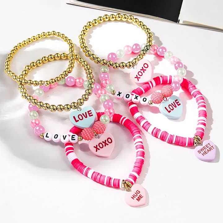 Bonbon Valentine Heart Pendant Beaded Elastic Bracelet Set for wholesale on Faire2