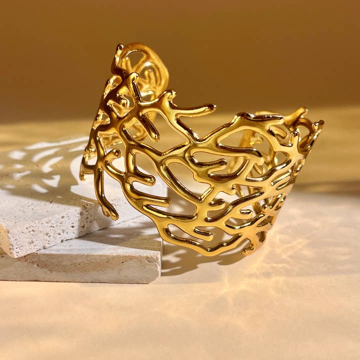 COSMOS - Wholesale Cuff Bracelet - Gold openwork cuff bracelet – chic coral design, steel0