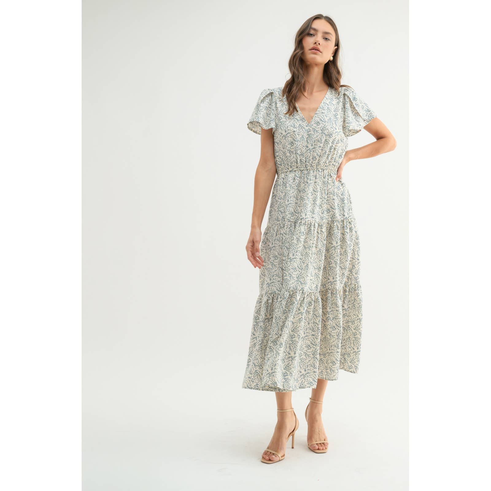 OFF WHITE BLUE ABSTRACT TULIP SLEEVE MIDI DRESS / WL24-9931 for wholesale on Faire3