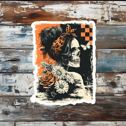 Pegatina de vinilo troquelada "Skelly Mom" estilo grunge para Halloween para venta al por mayor de Prairie Chicken Sticker Shop & Gifts