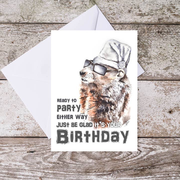 Groundhog Humorous Happy Birthday Folded Watercolor Card for wholesale by Art Reflects Light