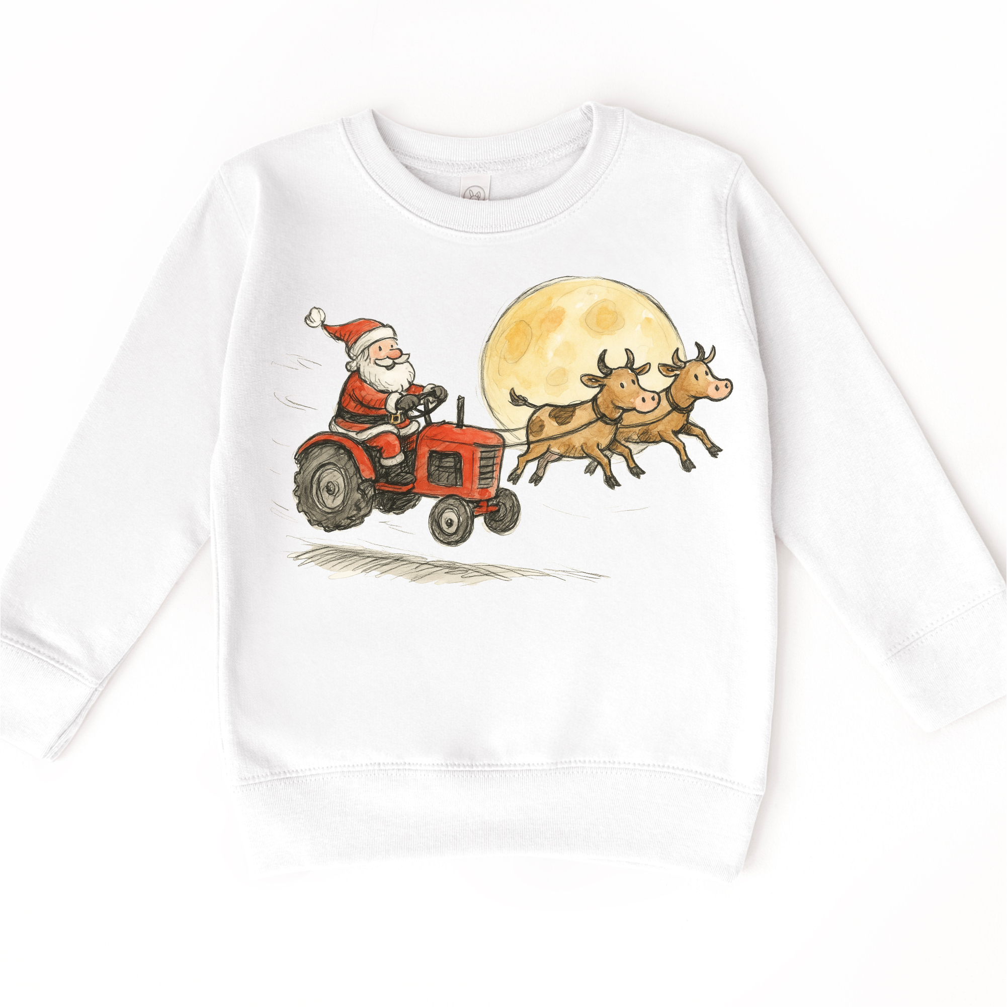 Madi Moosh – T-shirts estampadas – Criança por atacado – Camisola de Natal Infantil - Trator do Pai Natal e Vacas na Quinta6