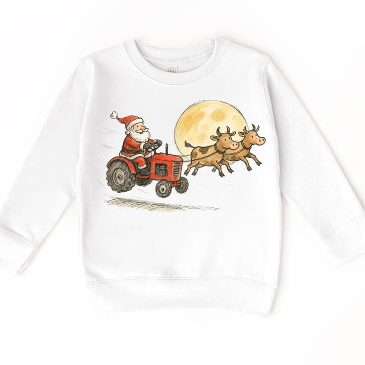 Madi Moosh - Wholesale Screen Printed T-Shirt - Kids - Santa Tractor And Cows Farm T-Shirt - Kids Country Christmas Tee6