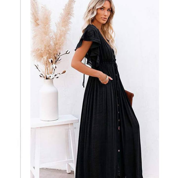 Fashion Combination - Wholesale Dress - Women's - Boho Button-Front Flowy Maxi Dress8