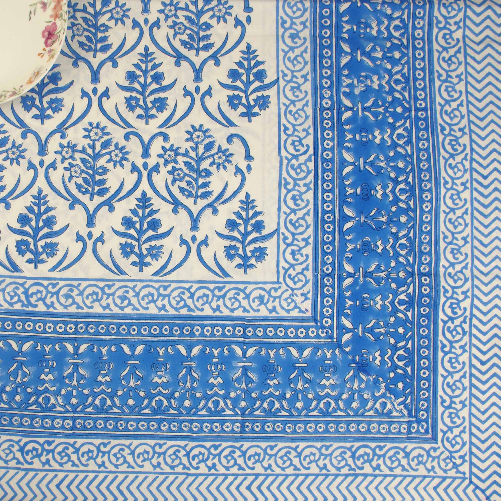 Kantha Decor - Wholesale Tablecloth - 6 Seater Block Printed Rectangular Tablecloth- Blue Floral