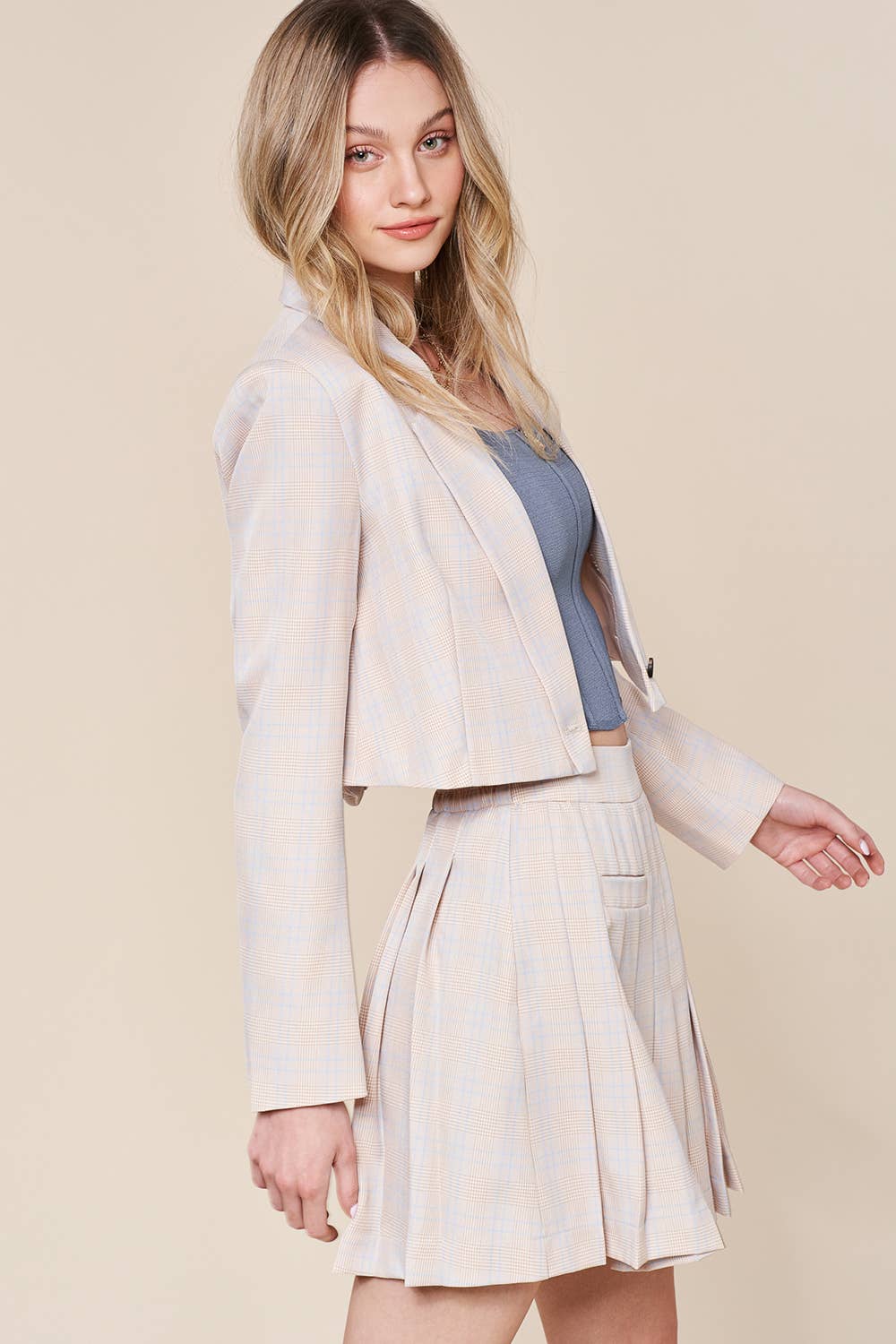 Listicle - Wholesale Top & Short Set (NOT Loungewear) - Women's - Plaid Cropped Blazer & Pleated Skort Set LSET12534