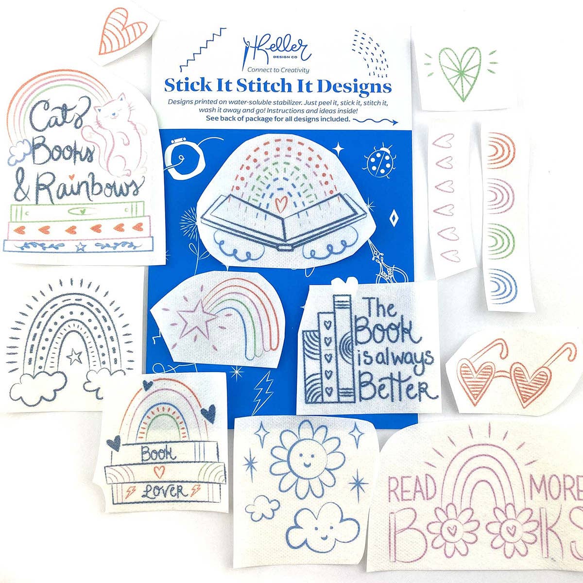 Keller Design Co. - Wholesale Embroidery/Cross Stitch Supplies - Stick It Stitch It Water Soluble Embroidery Patterns-Cats, Books, Rainbows3