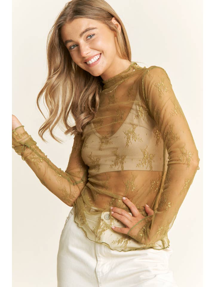 Sweet Generis - Wholesale Knit Top - Women's - MESH LACE HIGH NECK DESIGN LONG SLEEVE FITTED TOP14