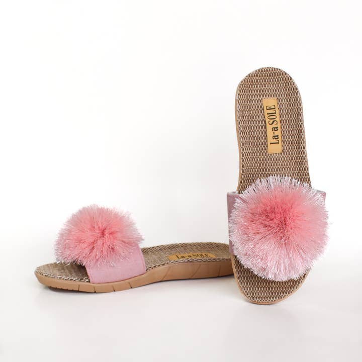 La-a SOLE - Vente Claquettes – femme - Slides Pom Pom – Rose Scintillant | Sandales d'Été pour Femmes1
