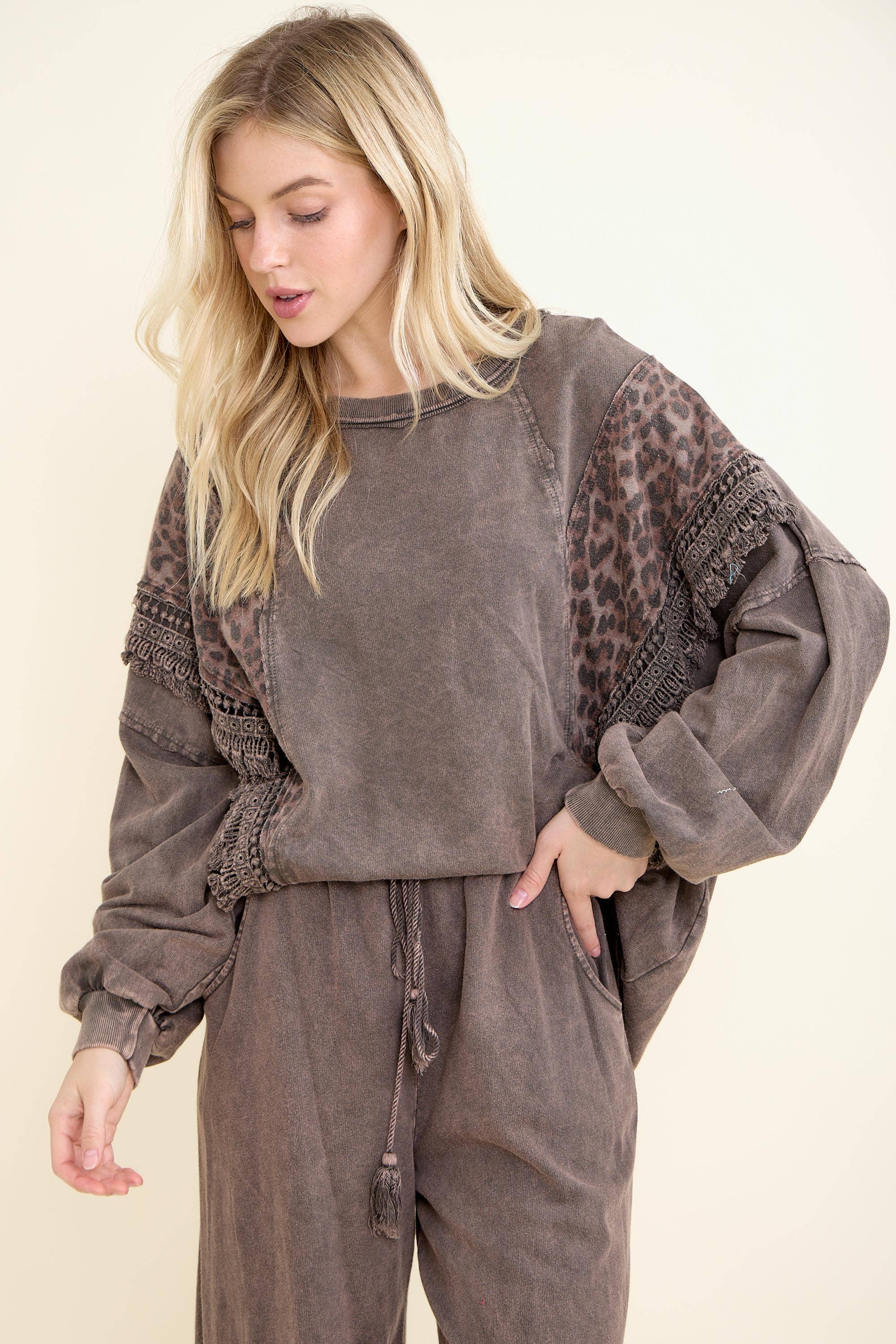 J.Her - Wholesale Blouse - Women's - Mineral Washed Cheetah Leopard Fringe tassel top HT67222