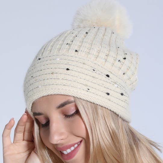 JOSSLYN by wall to wall - Wholesale Beanie - Women's - SEQUIN FAUX FUR POM POM BEANIE HAT | 40BN911
