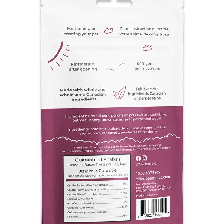 Tilted Barn Pet Co. - Vente Friandises – chien - Friandises au bacon canadien pour chiens 100g/3,53 oz1