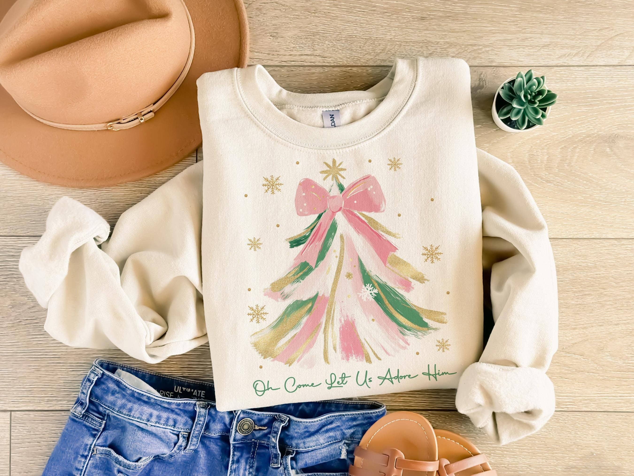 NVC Ecommerce LLC - Wholesale T-Shirt (Graphic) - Women's - Oh Come Let Us Adore Him Sweatshirt, Christmas Tree Shirt