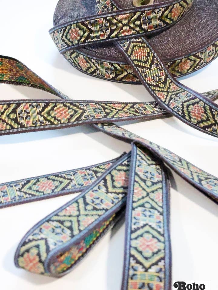 36 Yard Roll - Tapestry in Muted Black #2, 1 1/8" Vintage Jacquard Woven Trim (Webbing),TRIM-043 for wholesale by Boho Fabrics