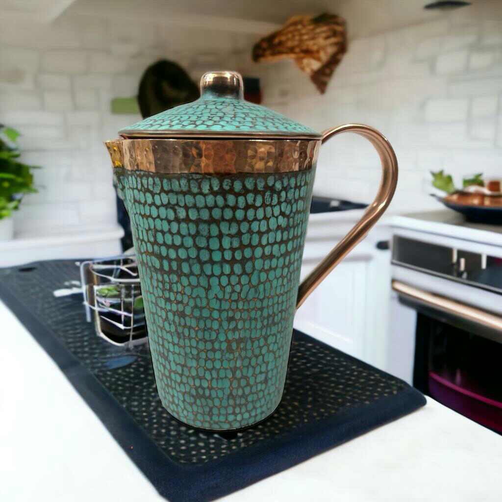 Ambiente Home Décor - Wholesale Pitcher - Set of 1 Hammered & Turquoise Copper Pitcher and 2 Tumblers4