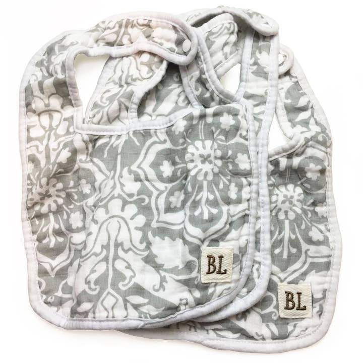 3 pack Muslin Bibs, Gray Floral for wholesale by Bambino Land