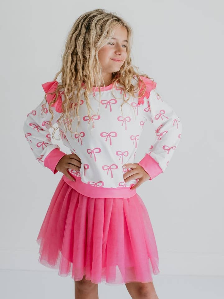 Adorable Sweetness - Wholesale Top & Skirt Set - Kids - Girls White & Hot Pink Coquette Bow and Tulle Skirt Set3