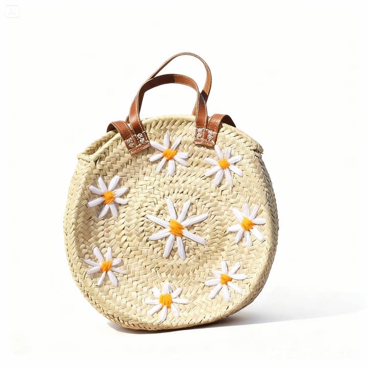 Round Daisy Straw Basket with Leather Handles - Handmade Bag for wholesale by King Of Handmade